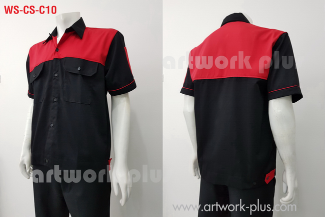 เสื้อช่างพร้อมส่ง, เสื้อเชิ้ตพนักงาน ,เสื้อช็อปโรงงาน, เสื้อสีดำแต่งแดง, WS-CS-C10